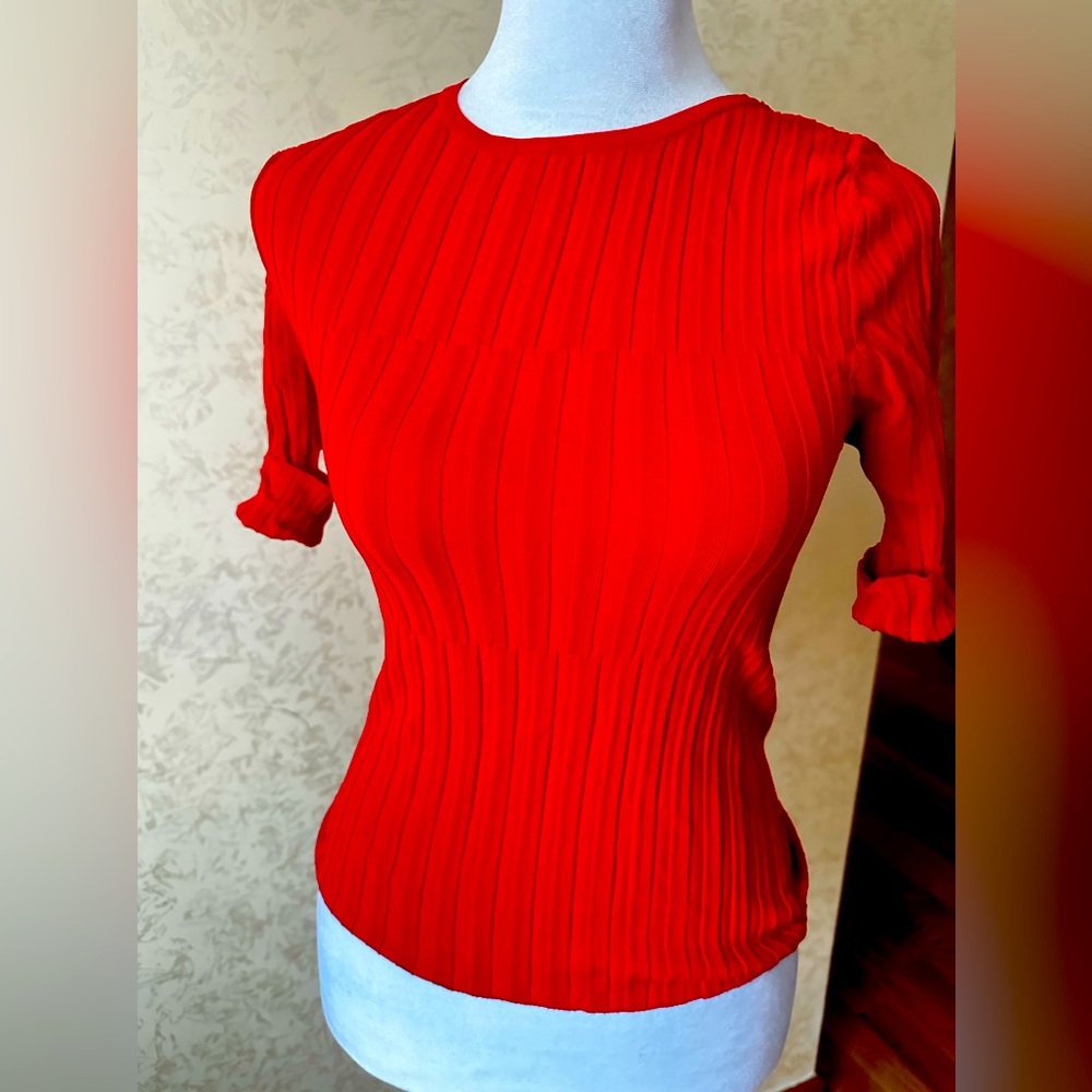 Red Fitted Blouse with Flutter Sleeves and 3/4 Sleeve Length
